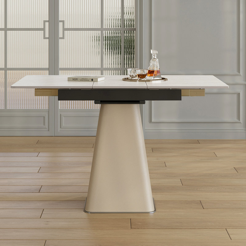 Table de salle à manger rétractable à dalle de roche pliante, table carrée extensible moderne avec base en acier inoxydable revêtue de cuir, table de cuisine à double usage peu encombrante