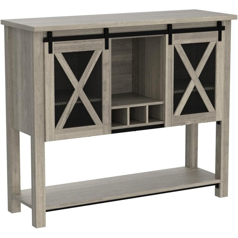 Coffee Bar Cabinet, Farmhouse Sideboard Buffet with Wine Glass Rack & Liquor Storage, Gray