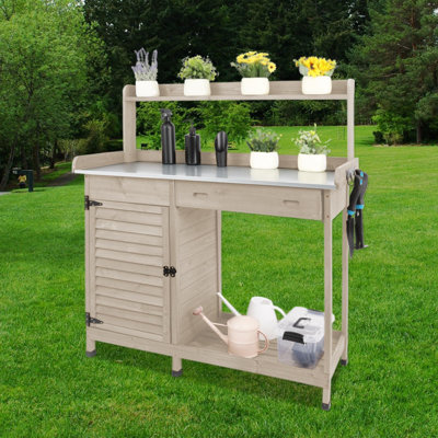 Banc de rempotage en bois de sapin avec armoire, tiroir et table en métal Behrend