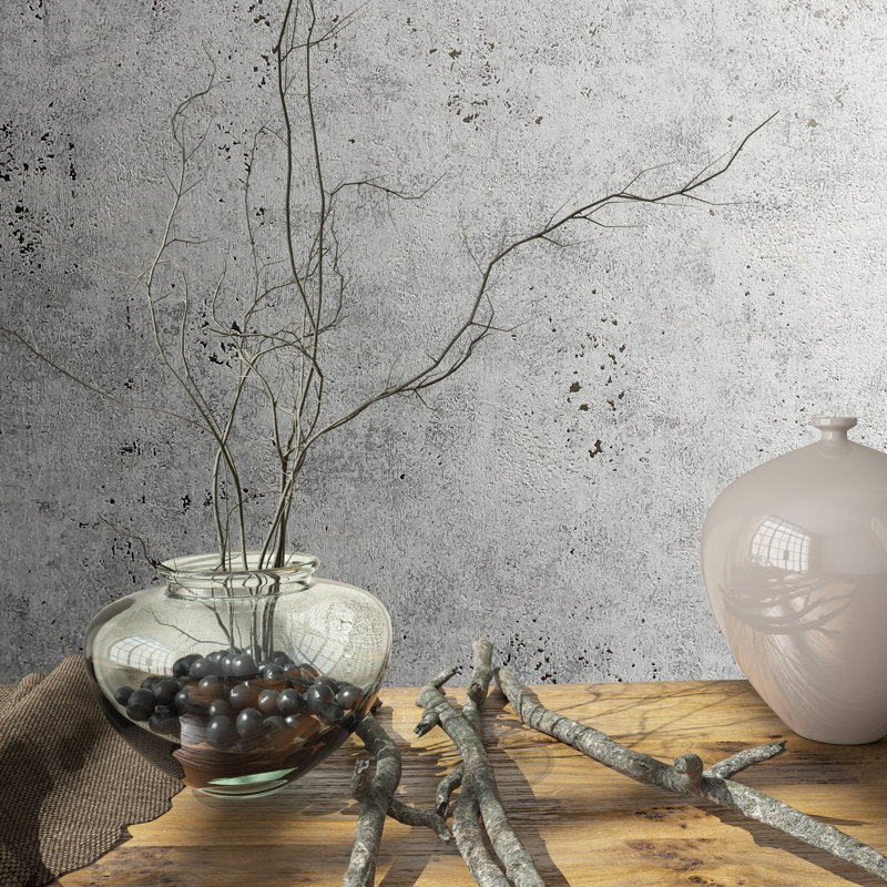 Textures Collection Industrial Distressed Plain Metallic Elements Finish Wallpaper Roll, Silver