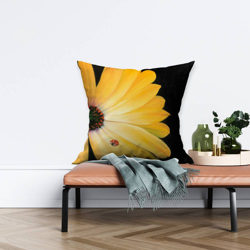 Yellow daisy and ladybug - 26"x26" Throw pillow cover - Poly twill - Print on demand, 26" x 26"