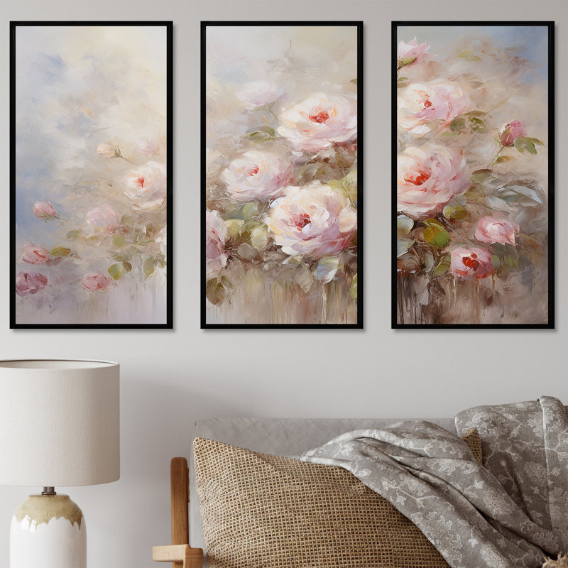 «Pink Roses Farmhouse Charm» - ensemble de décorations murales roses, H 40 po x l 60 po x P 1 po, Cadre flottant noir
