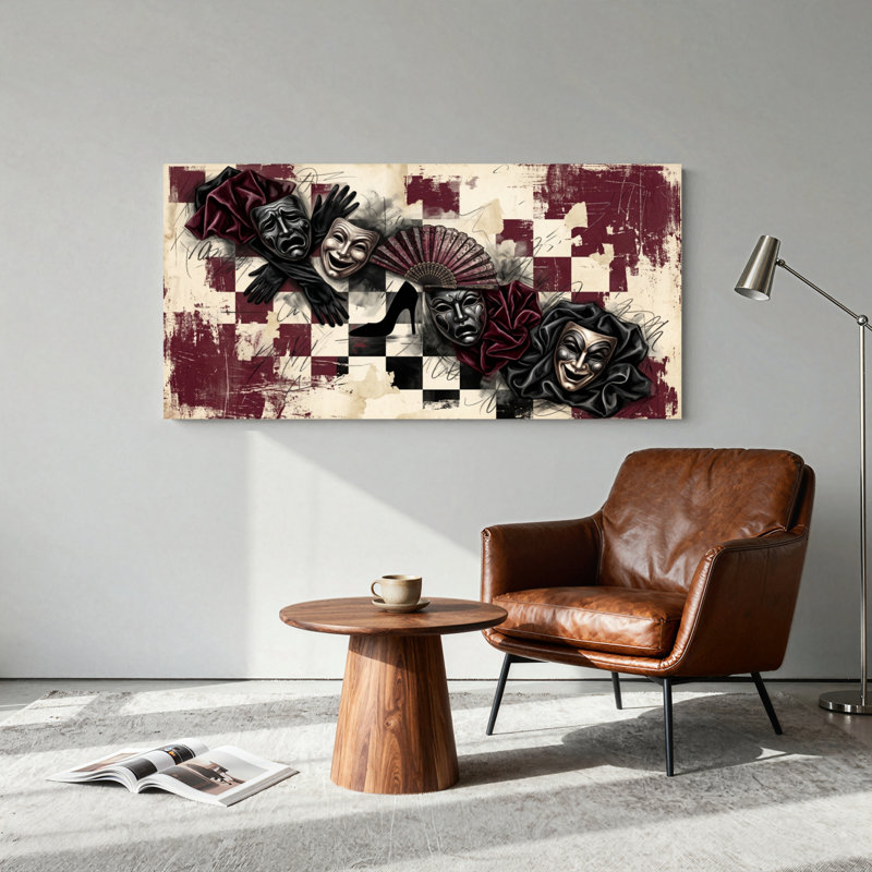 Ensemble de 1 tableau sur toile représentant des masques de théâtre, L 40 po x H 20 po, Toile tendue