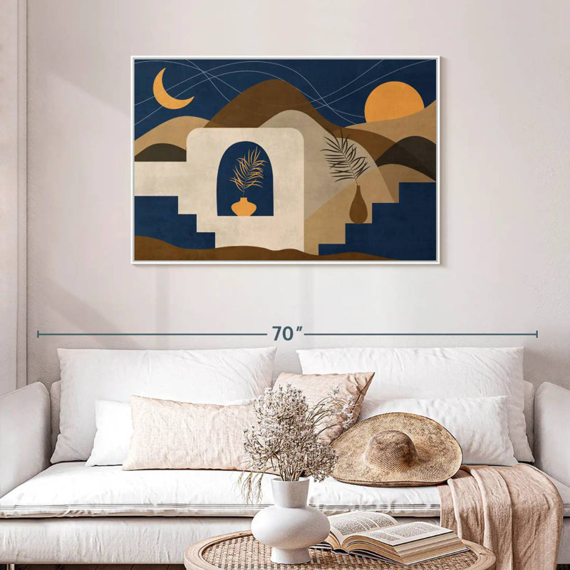 Boho, soleil, lune et montagnes II, Cadre flottant blanc, 43 po x 29 po