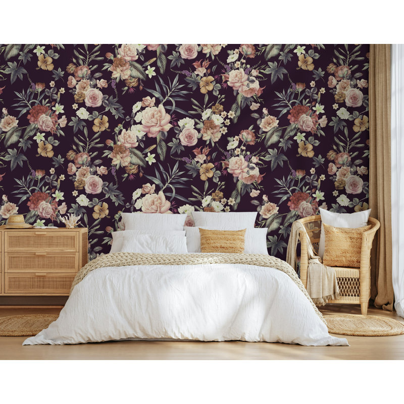 Papier peint floral prune foncé foncé avec roses, L 50 po x l 75 po