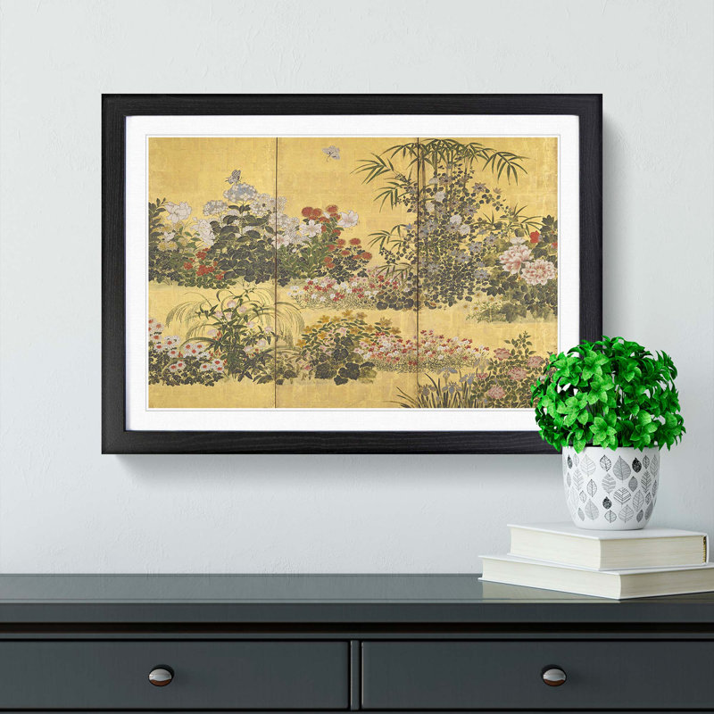 Flowers and Butterflies by Tawaraya Sotatsu - Picture Frame Painting Print, Black Framed, 48cm H x 65cm W x 2cm D