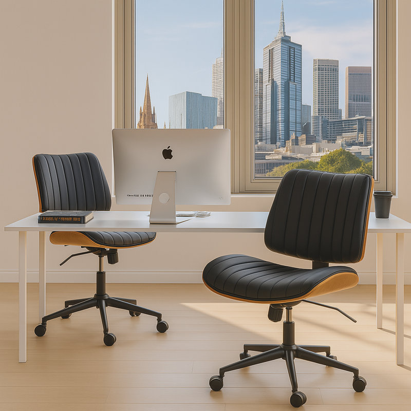 Armless Walnut Bentwood & Faux Leather Swivel Office Chair with Adjustable Height and Recline, Black