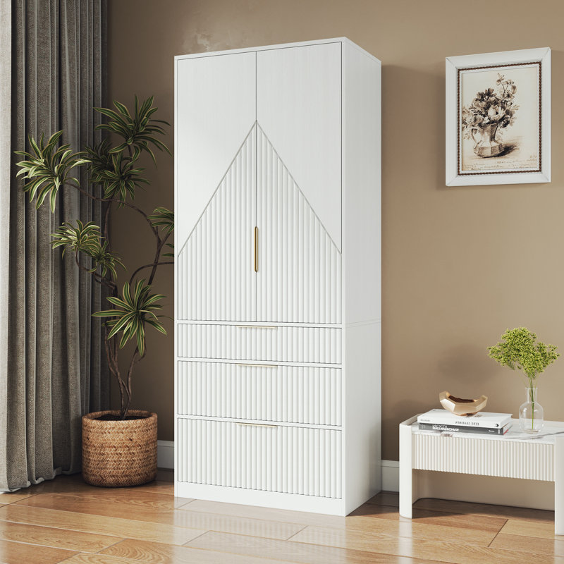 White Modern MDF Wardrobe Armoire with Gold Handles