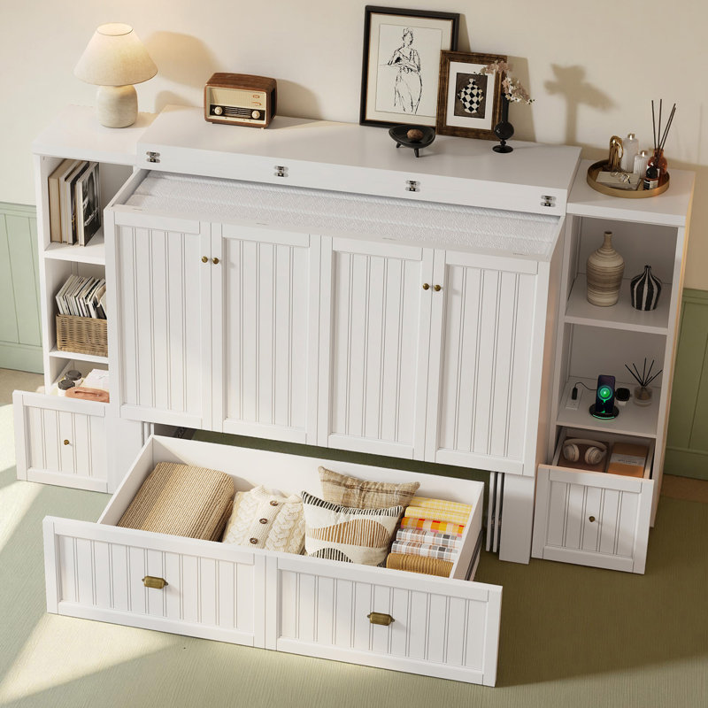 Grand lit escamotable Wilkinson Farmhouse avec tables de chevet, 3 tiroirs de rangement et station de charge, blanc, Blanc