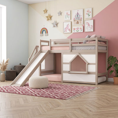 Lit superposé simple au-dessus de simple en bois avec glissière, bande DEL, tablettes et escaliers