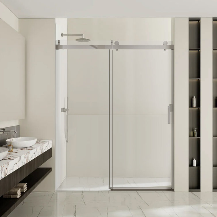 56-60" W X 76" H Frameless Single Sliding Soft-Close Shower Doors, Reversible Installation, 3/8" Tempered Glass