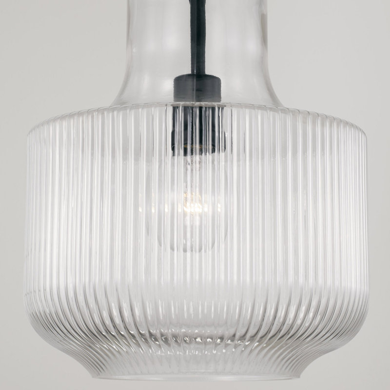 Luminaire suspendu 1 lumière avec verre cannelé transparent, Noir mat
