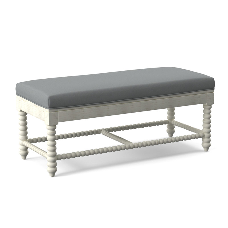 Banc en bois massif Louisa, Finition blanc givré antique, Tissu performance bleu clair 0851-55