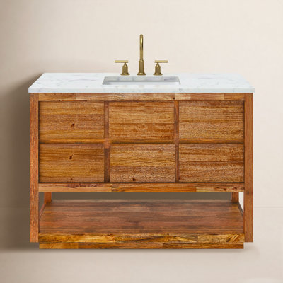 Weighton Tessa 48 In. Mango Wood Carrara White Marble Countertop Bath Vanity with Satin Gold Faucet