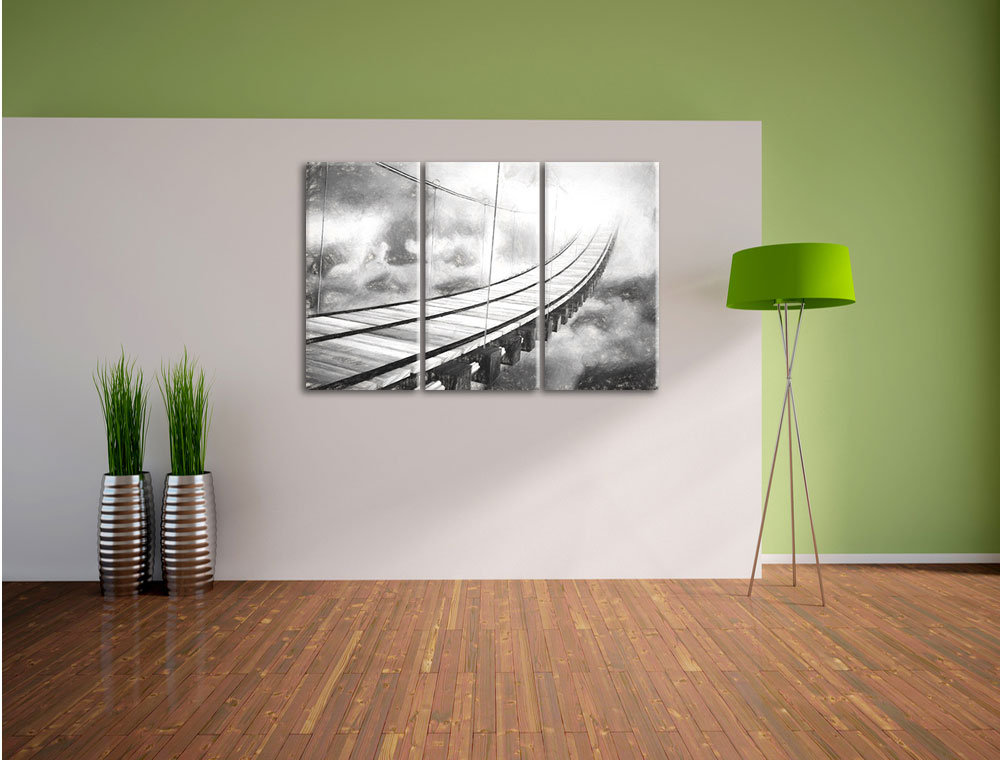 3-tlg. Leinwandbild-Set „Hölzerne Brücke in den Wolken“, Kunstdruck