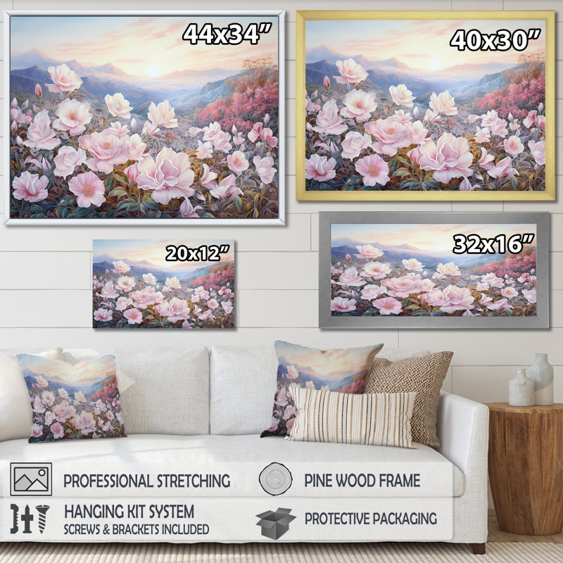 " Pink Roses Field In Mountain ", Silver Single Picture Framed, 12" H x 20" W x 1" D