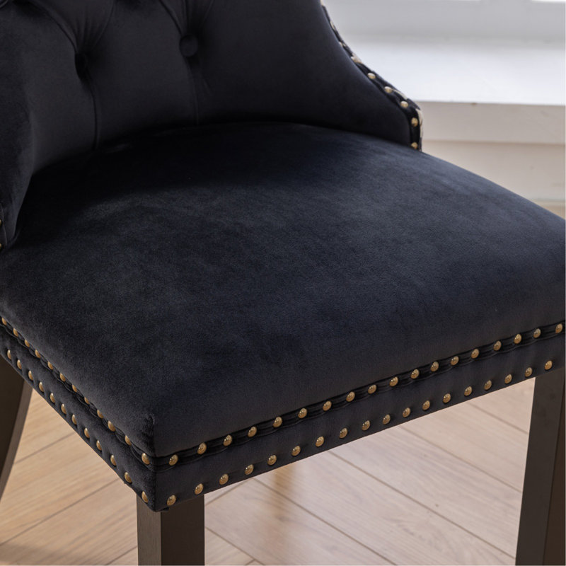 Velvet Upholstered Dining Chair with Wood Legs Nailhead Trim, Black, Black Geometric