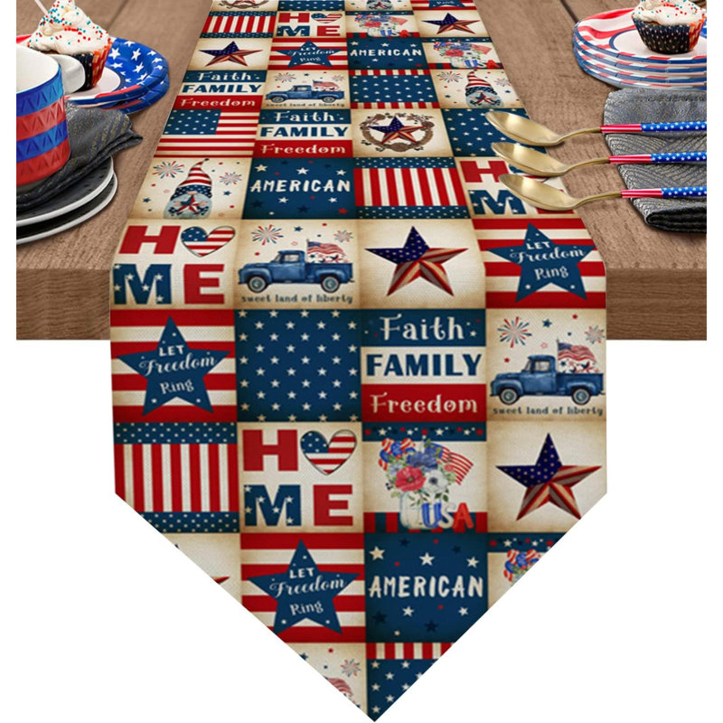 Independence Day Lattice Table Runner Linen Burlap Dresser Scarves, Retro 4Th Of July Table Runners For Holiday Party, Kitchen Dinning Tables Decor American Flag Stars And Stripes Check