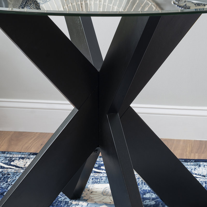 Astrid 48" Round Glass Top Dining Table With Solid Wood Base, Black
