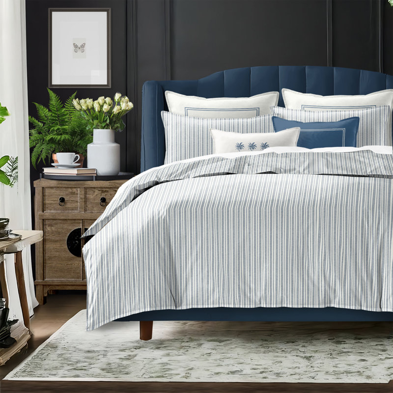 Pacific Stripe Reversible Cotton Duvet Cover Set, Super King Duvet Cover + 2 King Shams, Denim