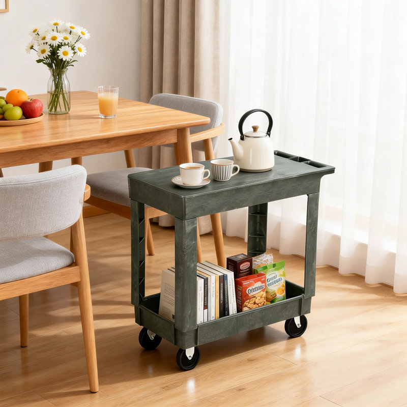 2-Shelf Utility Cart On Wheels, Plastic Rolling Tool Cart Service Cart For Warehouse Workshop Garage