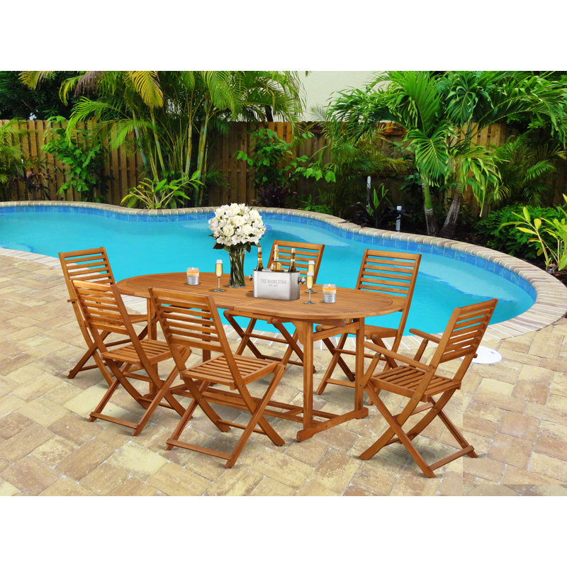 7 Piece Outdoor Patio Dining Sets Consist of an Oval Acacia Wood Table and 2 Folding Arm Chairs with 4 Side Chairs, 36x78 Inch, Natural Oil