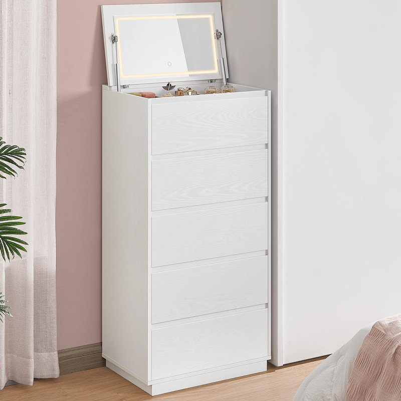 23.7"W Choinski 5-Drawer Dresser With Vanity Mirror And Lights, Touch Control Adjustable Lights, For Closet