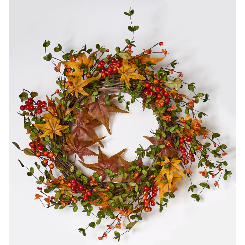 22" Artificial Fall Berry & Maple Leaf Wreath on Natural Twig Base