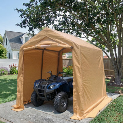 Outdoor Portable Gazebo Storage Shed Measuring 7 by 12 Feet, Shelter Tent Kit Equipped with Two Roll-Up Zippered Doors and Vents, Designed as a Carport for Motorcycles with Waterproof, UV-Resistant, and Snow-Resistant Properties, Finished in Sand