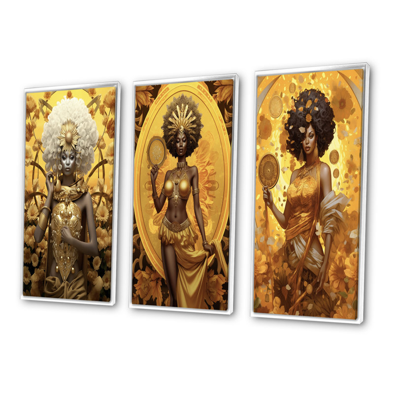 «African Floral Gorgeous Golden Goddess», 3 pièces, Cadre flottant blanc, H 32 po x l 48 po