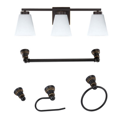 22 in.3-Light Oil Rubbed Bronze Vanity Light with Frosted Glass Shade and Bath Set (5-Piece)