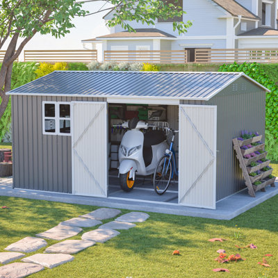 Remise de rangement extérieure en métal 12 x 10 pi, grande remise à outils de jardin pour l'extérieur avec portes verrouillables, bâtiment de rangement utilitaire en acier imperméable, remise d'équipement robuste pour le jardin de la cour arrière, gris