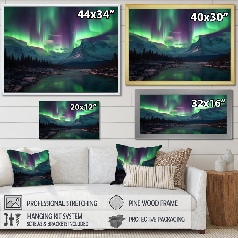 Northern Lights In Alaska III - Alaska, art mural, H 16 po x l 32 po x P 1 po, Cadre photo noir