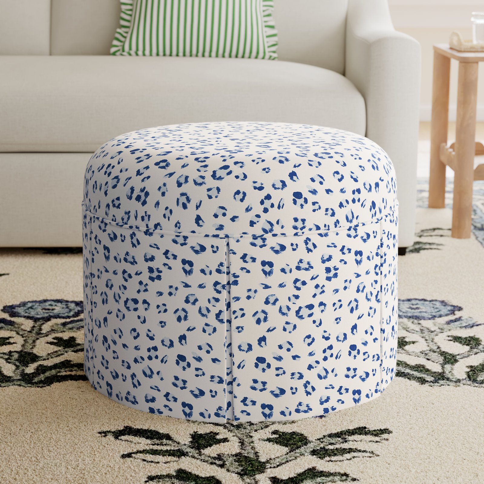 Manders 25" Cotton Ottoman, Brush Cheetah Blue