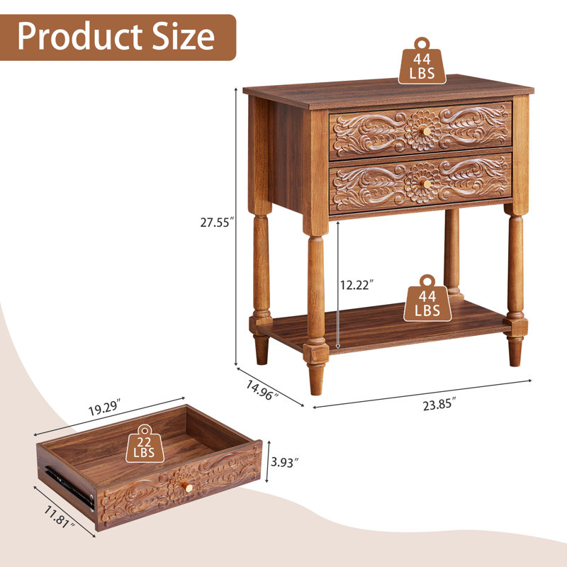 27.55'' Tall 2 Drawer Farmhouse Nightstands, Walnut