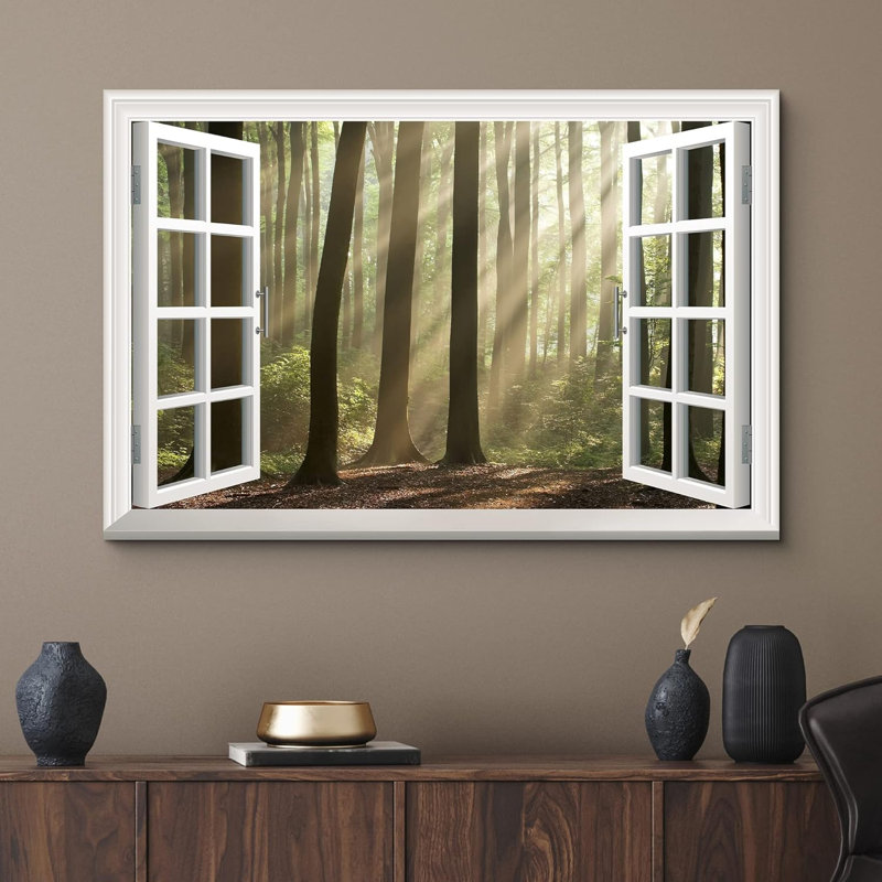 «Fenêtre blanche moderne donnant sur une forêt brumeuse avec des rayons à travers», H 24 po x l 36 po