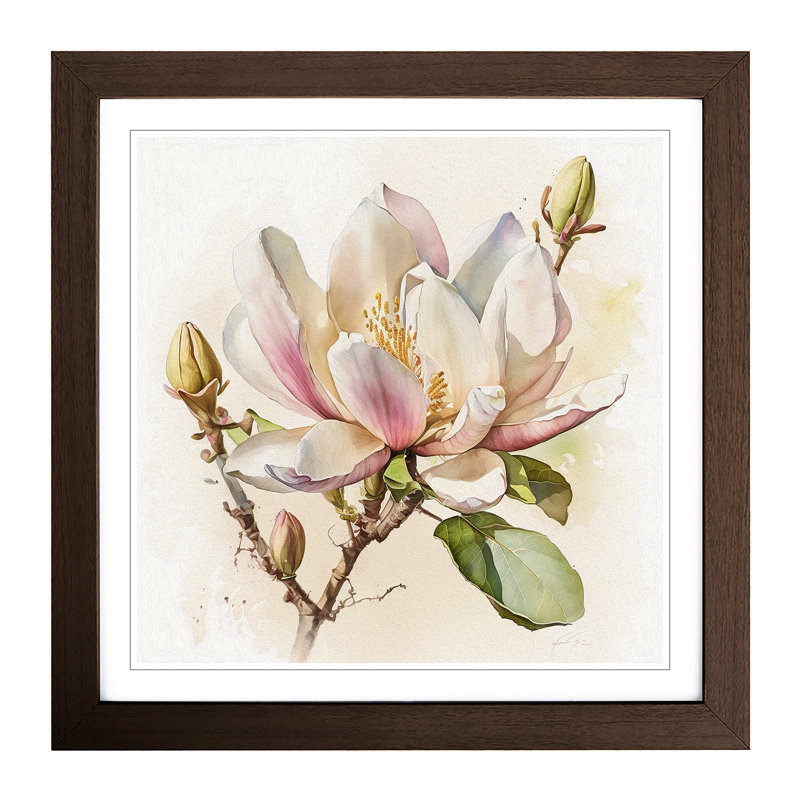 Magnolia Flower Watercolour - Framed Print, Walnut