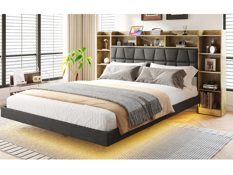 Floating Queen Bed Frame with LED Light and Bookcase Storage Headboard Queen Size Upholstered