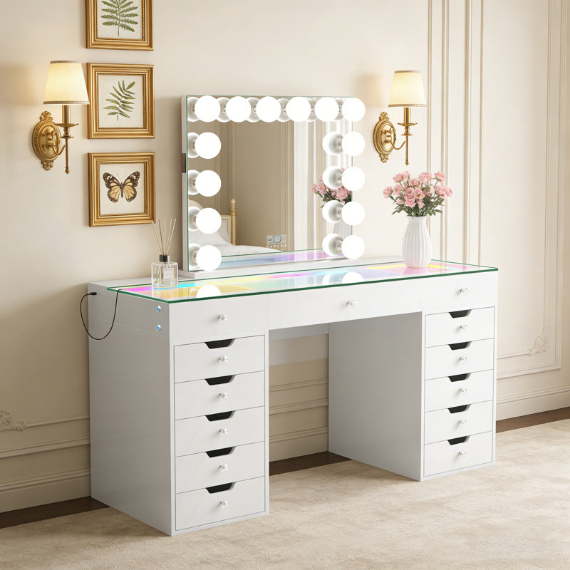 Makeup Vanity Set with LED Lighted Mirror HD Glass Top Built-in RGB Light Strips Large 13 Drawers, Light White