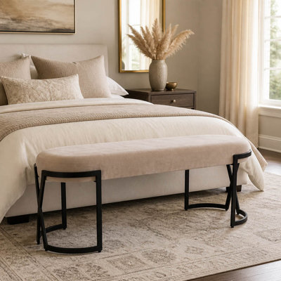 Banc rembourré ovale en tissu avec structure en métal et en bois pour le hall d'entrée - Élégant banc de salle à manger en velours pour chambre à coucher - 48 po, taupe et noir