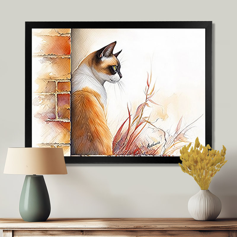 «The Curious Siamese Cat I», reproduction d'art sur chat, Reproduction encadrée d'une seule photo sans pass, Noir