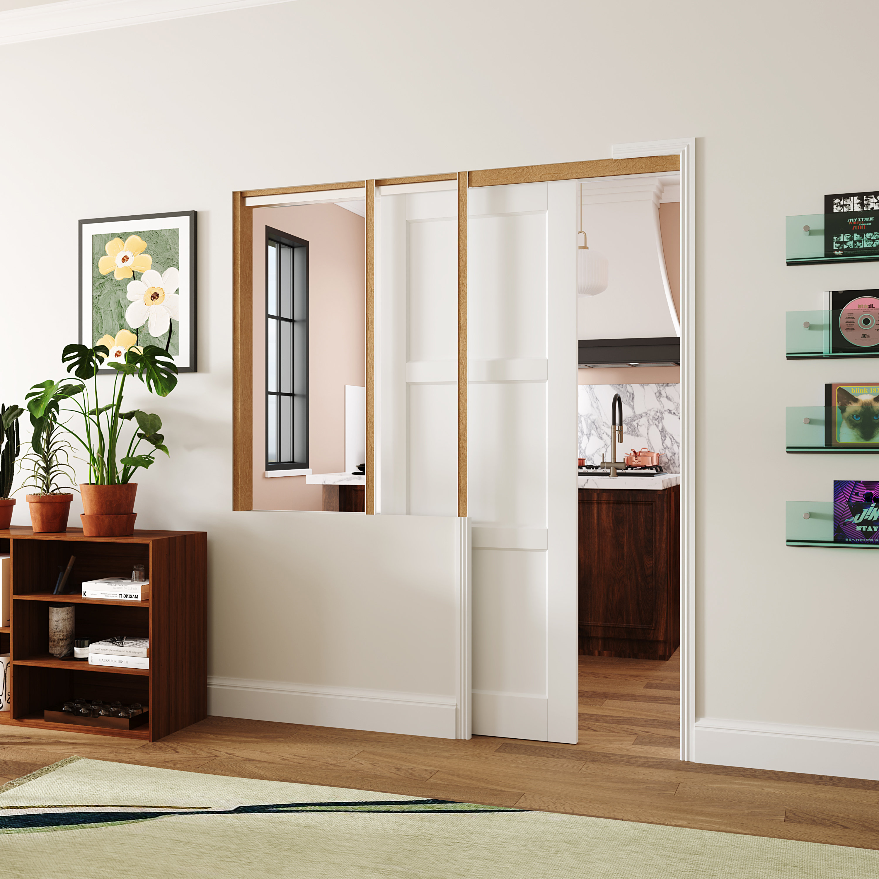 Sliding Interior Pocket Doors 3 Lite White Panel Design MDF Material French Door with Hardware Kit Chic Mode Size: 30\, image size:3000x3000