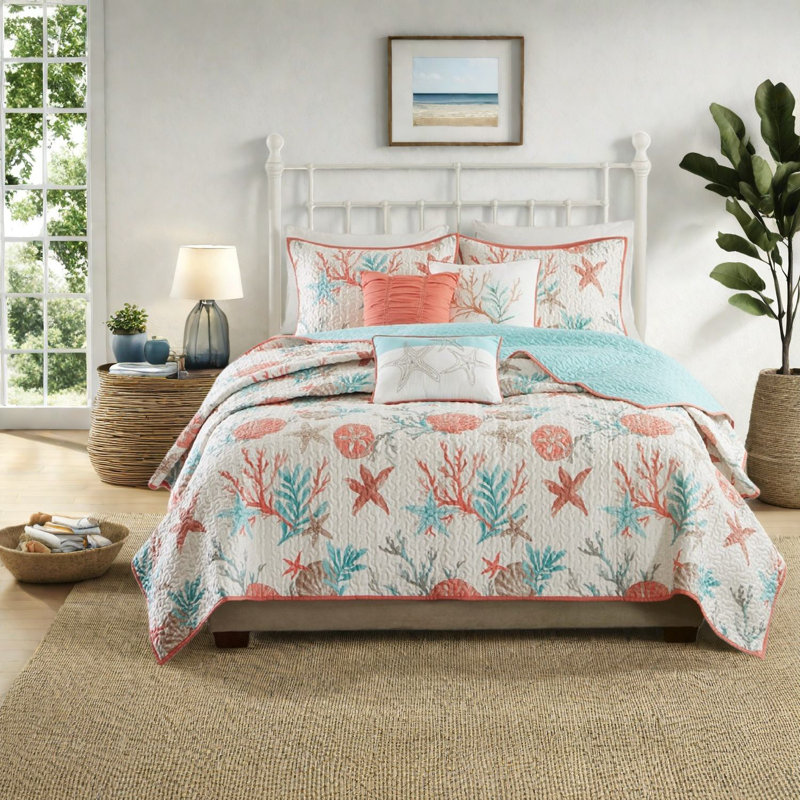 Ensemble de literie luxueux en satin de coton corail 6 pièces, design côtier pour la décoration intérieure