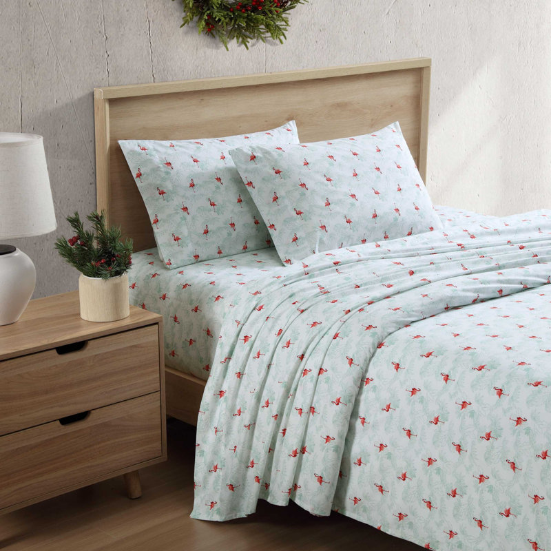 Tommy Bahama Printed Percale Cotton Sheet Set, King Sheet Set with 2 Pillowcases, Green Flamingo Santa