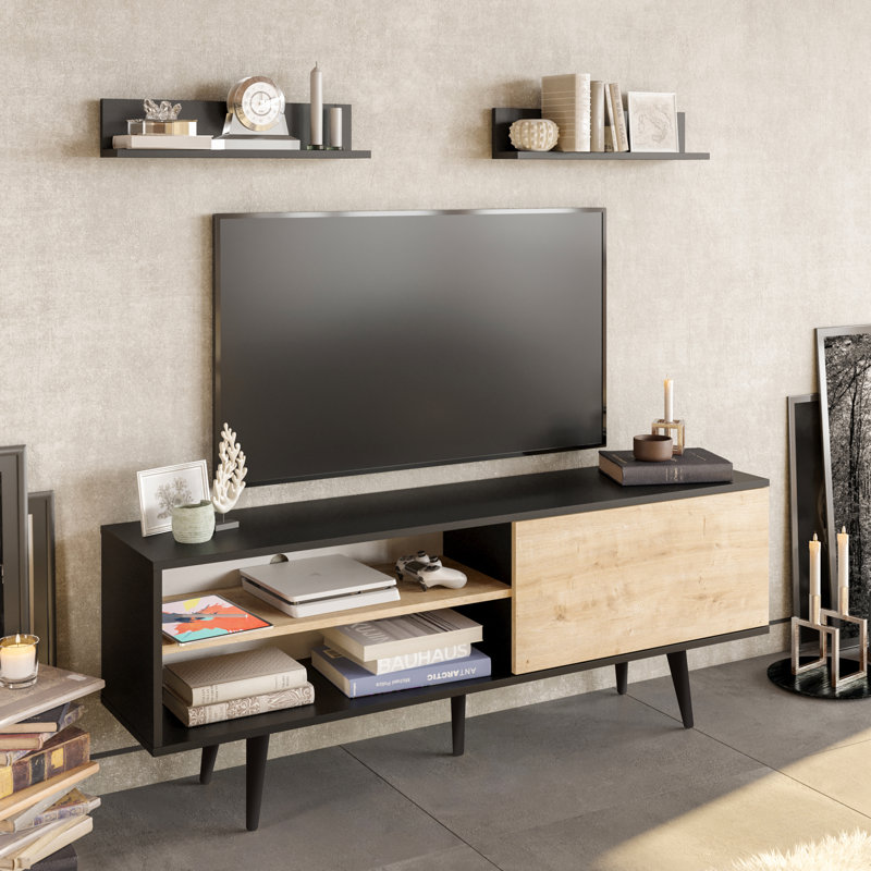 Pietro TV Stand for TVs up to 70" with 2 Wall Shelves, Black/Sapphire Oak