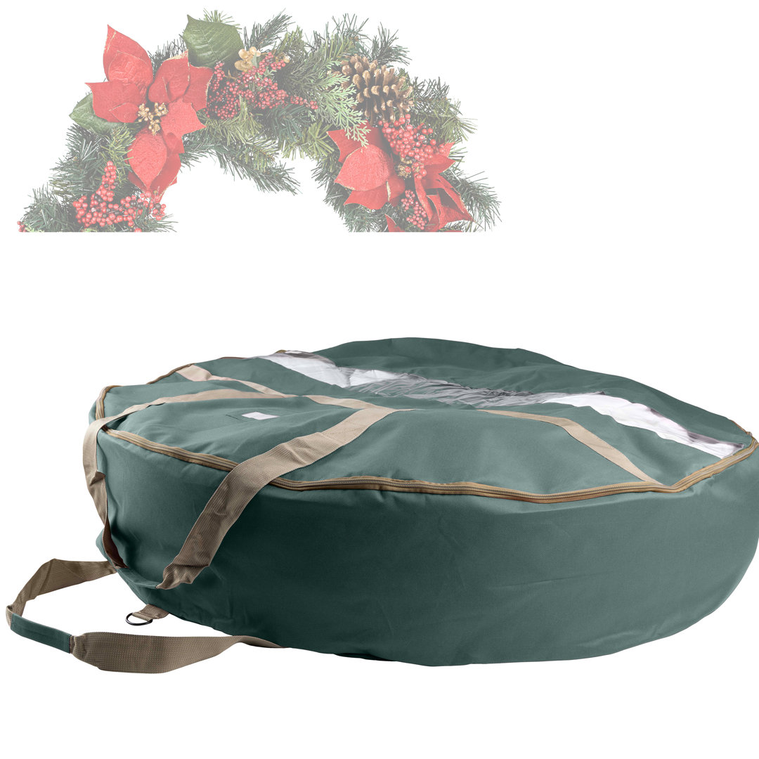 Wreath Storage Container - Canvas Bag with Clear Window and Handles Holds Artificial Wreath with Compartment for Ornaments Rebrilliant Color: Green Size: 10" H x 48" W x 48" D