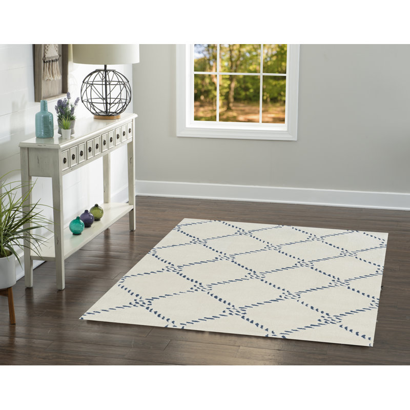 Mehcad Handmade Rug Ivory And Navy, Rectangle 5' x 7'