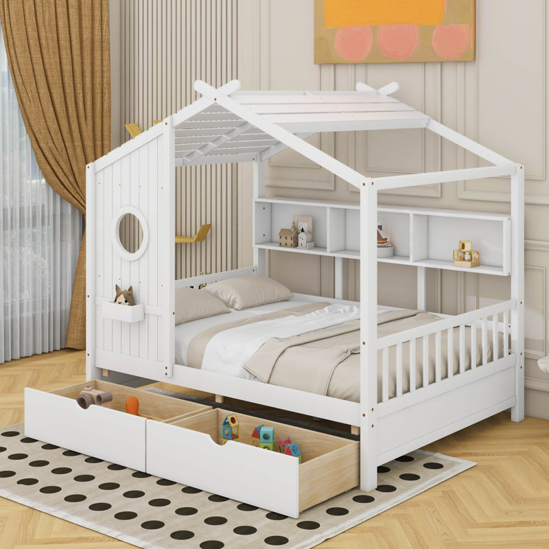 Lit en bois avec tiroirs, Blanc, Lit double