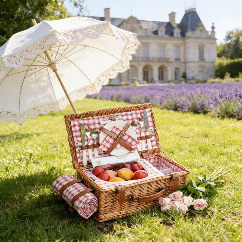 Wicker Picnic Basket Set For 2 With Waterproof Blanket & Insulated Cooler, Willow Hamper With Cutlery Kit For Camping & Weddings (Red)