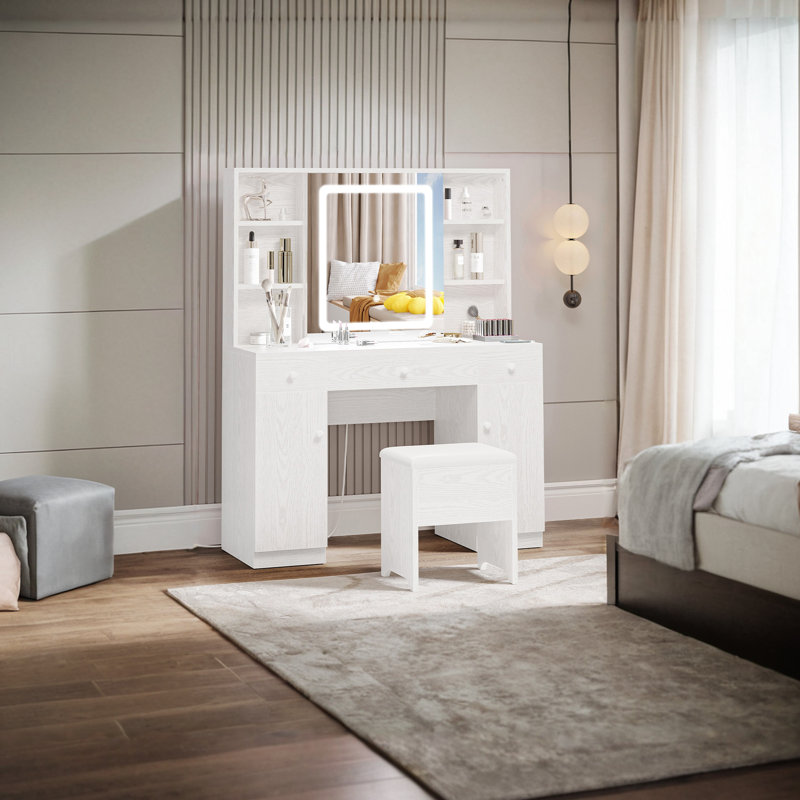Kimrey Vanity Desk with Llight Sliding Mirror and 7 Drawers,  Makeup Vanity Table Set for Bedroom, White